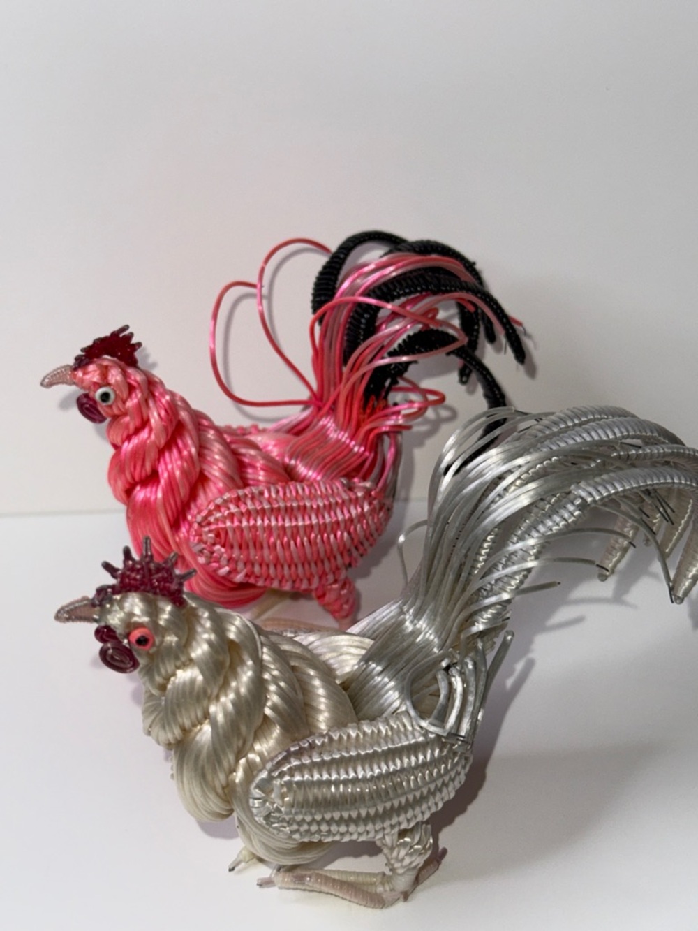 Vintage unusual Handcrafted Decorative Rooster Pair farmhouse chic silky braided